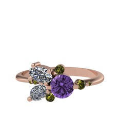 Binx Yüzük - Ametist, beyaz zirkon ve peridot 18 ayar rose altın yüzük #p2k9q8