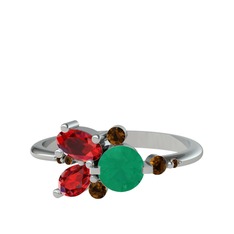 Binx Yüzük - Kök zümrüt, garnet ve dumanlı kuvars 14 ayar beyaz altın yüzük #p5upmv