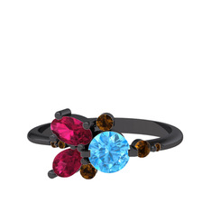 Binx Yüzük - Akuamarin, rodolit garnet ve dumanlı kuvars 925 ayar siyah rodyum kaplama gümüş yüzük #pc4zv2