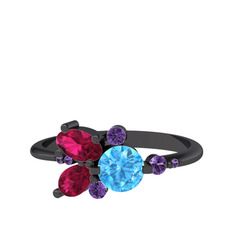 Binx Yüzük - Akuamarin, rodolit garnet ve ametist 925 ayar siyah rodyum kaplama gümüş yüzük #pzjq3z