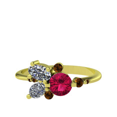 Binx Yüzük - Rodolit garnet, beyaz zirkon ve dumanlı kuvars 14 ayar altın yüzük #q98bvt