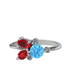 Binx Yüzük - Akuamarin, garnet ve beyaz zirkon 8 ayar beyaz altın yüzük #qa52g6