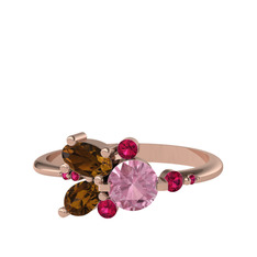 Pembe kuvars, dumanlı kuvars ve rodolit garnet 8 ayar rose altın yüzük