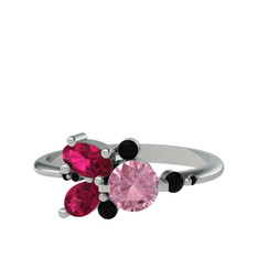 Binx Yüzük - Pembe kuvars, rodolit garnet ve siyah zirkon 14 ayar beyaz altın yüzük #qgk8e5