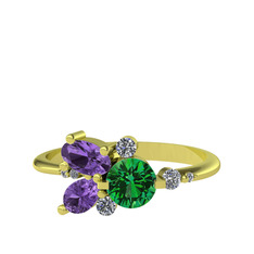 Binx Yüzük - Yeşil kuvars, ametist ve beyaz zirkon 18 ayar altın yüzük #r4l3uo