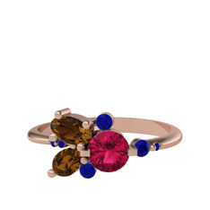 Rodolit garnet, dumanlı kuvars ve lab safir 18 ayar rose altın yüzük