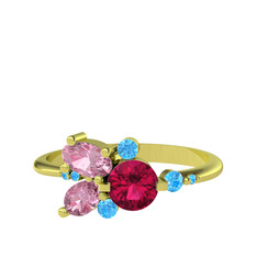 Rodolit garnet, pembe kuvars ve akuamarin 14 ayar altın yüzük