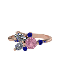 Pembe kuvars, swarovski ve lab safir 18 ayar rose altın yüzük