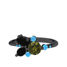 Peridot, siyah zirkon ve akuamarin 925 ayar siyah rodyum kaplama gümüş yüzük