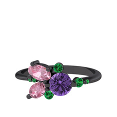 Binx Yüzük - Ametist, pembe kuvars ve yeşil kuvars 925 ayar siyah rodyum kaplama gümüş yüzük #v1yvss