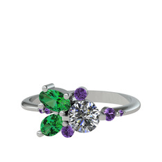Binx Yüzük - Swarovski, yeşil kuvars ve ametist 8 ayar beyaz altın yüzük #v683mb