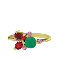 Kök zümrüt, garnet ve pembe kuvars 18 ayar altın yüzük