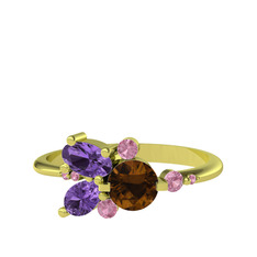 Dumanlı kuvars, ametist ve pembe kuvars 18 ayar altın yüzük