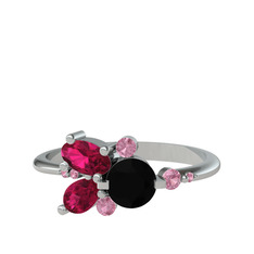 Binx Yüzük - Siyah zirkon, rodolit garnet ve pembe kuvars 14 ayar beyaz altın yüzük #vlde11