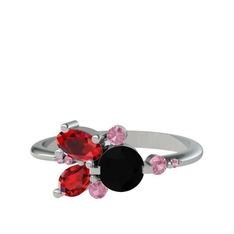 Siyah zirkon, garnet ve pembe kuvars 8 ayar beyaz altın yüzük