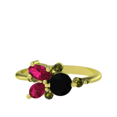 Siyah zirkon, rodolit garnet ve peridot 14 ayar altın yüzük