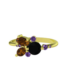 Binx Yüzük - Siyah zirkon, dumanlı kuvars ve ametist 18 ayar altın yüzük #w7mjlx