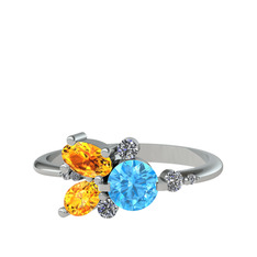 Akuamarin, sitrin ve beyaz zirkon 8 ayar beyaz altın yüzük