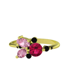 Rodolit garnet, pembe kuvars ve siyah zirkon 925 ayar altın kaplama gümüş yüzük