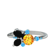 Sitrin, siyah zirkon ve akuamarin 925 ayar gümüş yüzük