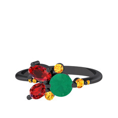 Binx Yüzük - Kök zümrüt, garnet ve sitrin 925 ayar siyah rodyum kaplama gümüş yüzük #x5cprm