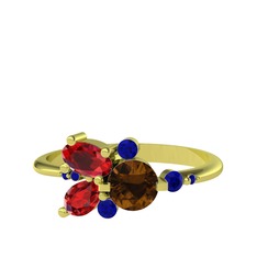 Dumanlı kuvars, garnet ve lab safir 8 ayar altın yüzük