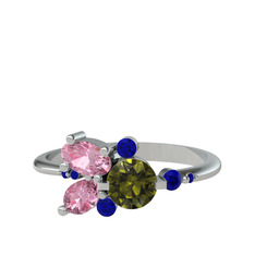 Peridot, pembe kuvars ve lab safir 8 ayar beyaz altın yüzük