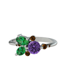 Binx Yüzük - Ametist, yeşil kuvars ve dumanlı kuvars 14 ayar beyaz altın yüzük #xse3l