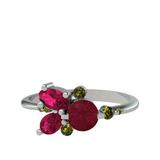 Kök yakut, rodolit garnet ve peridot 18 ayar beyaz altın yüzük