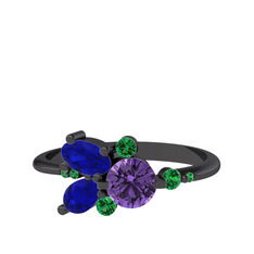 Ametist, lab safir ve yeşil kuvars 925 ayar siyah rodyum kaplama gümüş yüzük