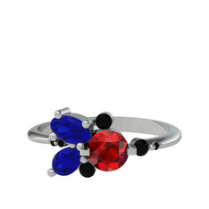 Garnet, lab safir ve siyah zirkon 18 ayar beyaz altın yüzük