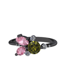 Peridot, pembe kuvars ve beyaz zirkon 925 ayar siyah rodyum kaplama gümüş yüzük