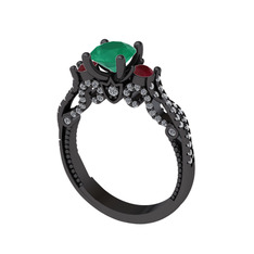 Kraliçe Tektaş Yüzük - Kök zümrüt, kök yakut ve swarovski 925 ayar siyah rodyum kaplama gümüş yüzük #105gh3r