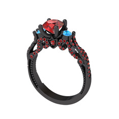 Kraliçe Tektaş Yüzük - Garnet ve akuamarin 925 ayar siyah rodyum kaplama gümüş yüzük #10lyka4