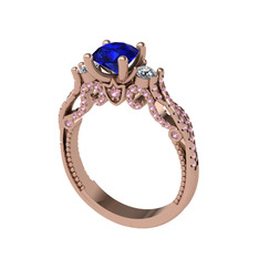 Lab safir, swarovski ve pembe kuvars 14 ayar rose altın yüzük