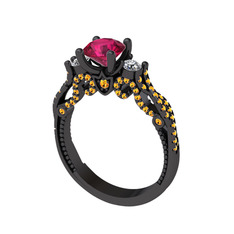 Kraliçe Tektaş Yüzük - Rodolit garnet, swarovski ve sitrin 925 ayar siyah rodyum kaplama gümüş yüzük #10ui1lx