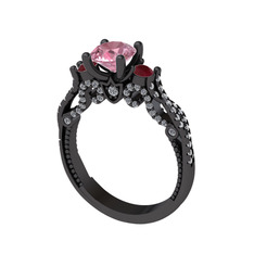 Kraliçe Tektaş Yüzük - Pembe kuvars, kök yakut ve pırlanta 925 ayar siyah rodyum kaplama gümüş yüzük (0.792 karat) #11jmeve