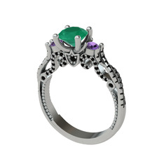 Kraliçe Tektaş Yüzük - Kök zümrüt, ametist ve siyah zirkon 8 ayar beyaz altın yüzük #11td4yg