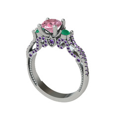 Kraliçe Tektaş Yüzük - Pembe kuvars, kök zümrüt ve ametist 14 ayar beyaz altın yüzük #127jchp