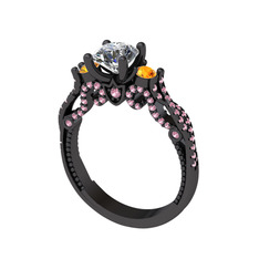 Kraliçe Tektaş Yüzük - Swarovski, sitrin ve pembe kuvars 925 ayar siyah rodyum kaplama gümüş yüzük #12tznoj