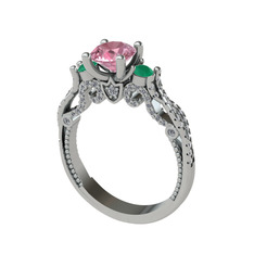 Kraliçe Tektaş Yüzük - Pembe kuvars, kök zümrüt ve swarovski 8 ayar beyaz altın yüzük #131kljd
