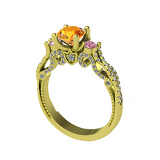 Sitrin, pembe kuvars ve swarovski 18 ayar altın yüzük