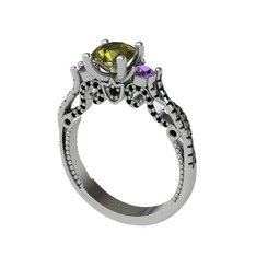 Kraliçe Tektaş Yüzük - Peridot, ametist ve siyah zirkon 18 ayar beyaz altın yüzük #13lil1m