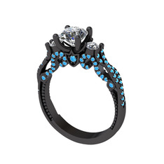 Kraliçe Tektaş Yüzük - Swarovski, beyaz zirkon ve akuamarin 925 ayar siyah rodyum kaplama gümüş yüzük #13mse7b