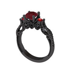 Kraliçe Tektaş Yüzük - Kök yakut, garnet ve siyah zirkon 925 ayar siyah rodyum kaplama gümüş yüzük #14whbst