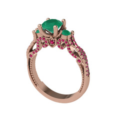 Kraliçe Tektaş Yüzük - Kök zümrüt, yeşil kuvars ve rodolit garnet 18 ayar rose altın yüzük #14xllz4