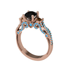 Kraliçe Tektaş Yüzük - Siyah zirkon, dumanlı kuvars ve akuamarin 18 ayar rose altın yüzük #1542i75