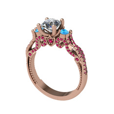 Beyaz zirkon, akuamarin ve rodolit garnet 14 ayar rose altın yüzük