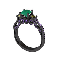 Kraliçe Tektaş Yüzük - Kök zümrüt, peridot ve ametist 925 ayar siyah rodyum kaplama gümüş yüzük #15m6je5