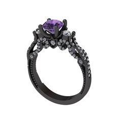Kraliçe Tektaş Yüzük - Ametist ve pırlanta 925 ayar siyah rodyum kaplama gümüş yüzük (1.012 karat) #161zlrz